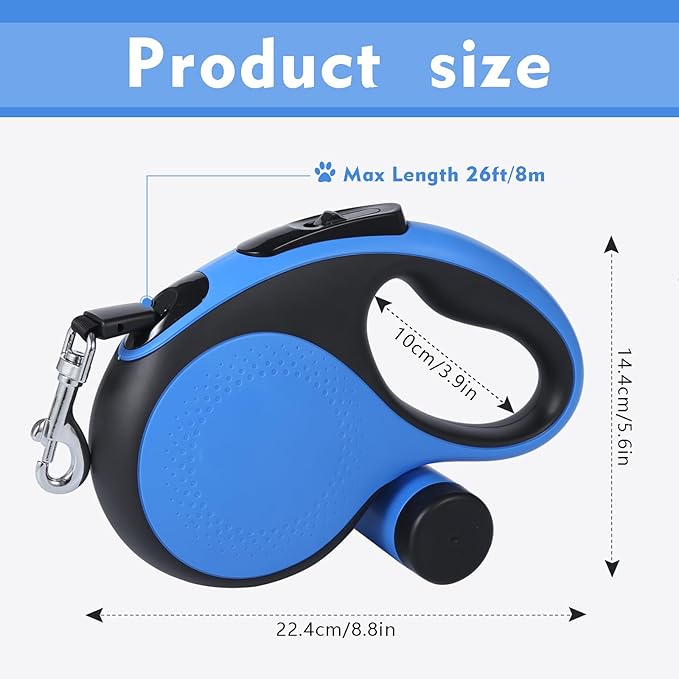 26Ft Retractable Dog Leash with Chew Proof Cable,Heavy Duty Dog Leash with Removable Poop Bags for Medium Large Dogs up to 110lbs,Strong Nylon Tape No Tangle,One-Handed Brake (Blue)