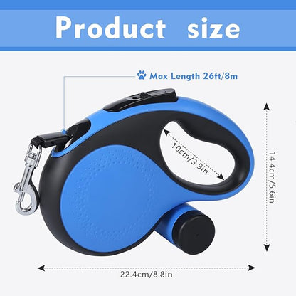 26Ft Retractable Dog Leash with Chew Proof Cable,Heavy Duty Dog Leash with Removable Poop Bags for Medium Large Dogs up to 110lbs,Strong Nylon Tape No Tangle,One-Handed Brake (Blue)