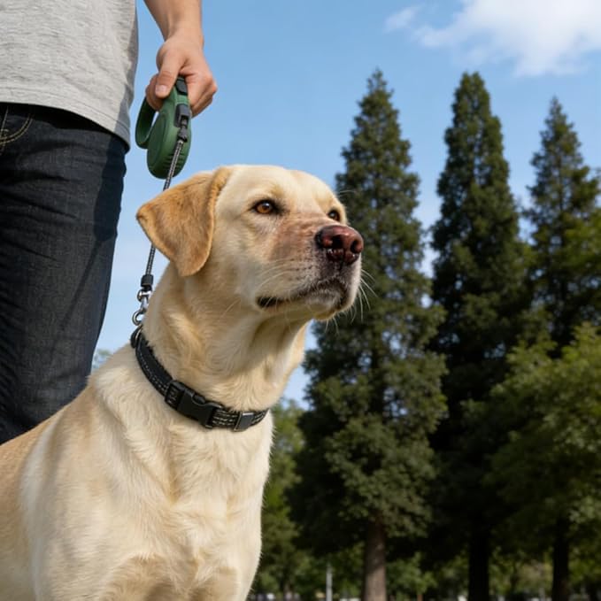 Retractable Dog Leash for Medium & Large Dogs up to 80 lbs, One-Handed Brake, 180kg Strong Nylon Tape, Tangle Free, Anti-Slip Handle (M & L Size) (Dark Green, M-4M)