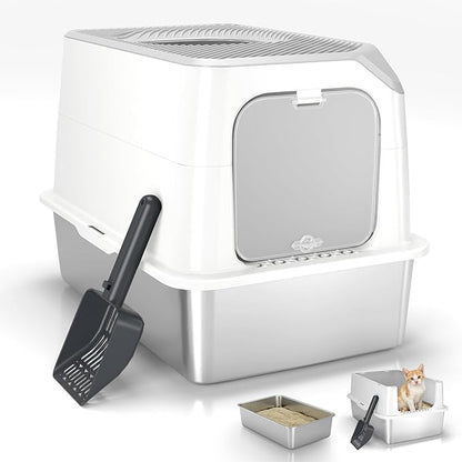 Enclosed Stainless Steel Litter Box, Large Metal Litter Box with Lid, Front & Top Entry, Odor Control & Dog Proof, Scratch-Resistant, Easy Clean (White)