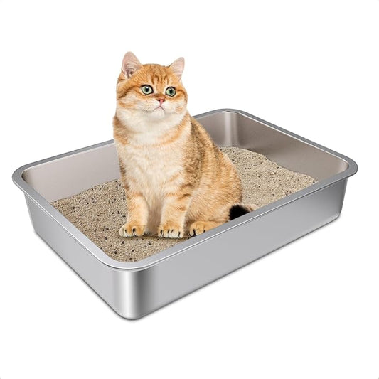 Stainless Steel Litter Box, Metal Litter Boxes 17.7" x 13.7" x 4",Small Litter Box for Kittens,Easy Entry Easy Clean Non Stick No Smell for Senior Cats or Short Legged Cat/Bunny