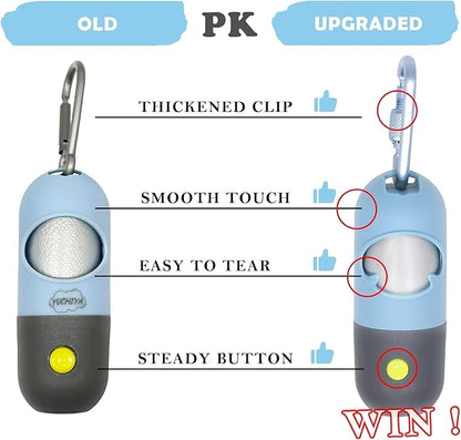 Dog Poop Bags Holder with LED Flashlight|Pet Waste Bags Dispenser for Leash|Doggie Potty Bags Container with Leak-proof Pet Trash Bags and Accessories (2 Holders 30 Bags, Sky Blue)