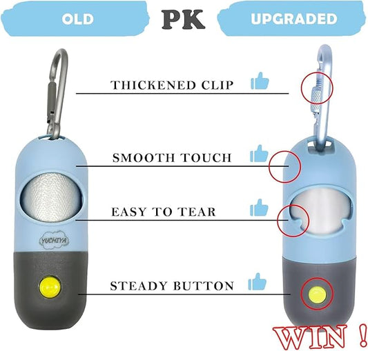 Dog Poop Bags Holder with LED Flashlight|Pet Waste Bags Dispenser for Leash|Doggie Potty Bags Container with Leak-proof Pet Trash Bags and Accessories (1 Holder 195 Bags, Sky Blue)