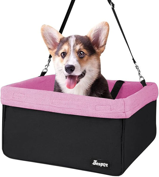 JESPET & GOOPAWS Dog Booster Seats for Cars, Portable Dog Car Seat Travel Carrier with Seat Belt for 24lbs Pets (Pink-16 L x 13" D x 9" H)