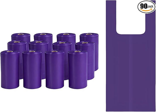 Purple T-Shirt Poop Bags with Easy-Tie Handles – Leak-Proof, Extra Thick Waste Bags for Small Dogs & Cats,6 Rolls (90 Count)