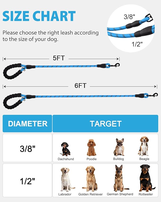 Joytale Dog Leash for Small Dogs, Heavy Duty Nylon Leashes with Comfortable Padded Handle and Highly Reflective Threads, Ideal for Walking and Training, SkyBlue, 6'×3/8''