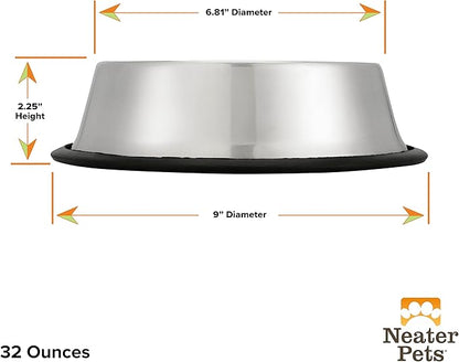 Neater Pet Brands - Stainless Steel No-Skid & Non-Tip Dog Bowl for Food or Water (32 oz, Stainless Steel)