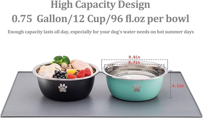 Large Dog Water Bowl 2 Pack, 0.75 Gallon 96oz Stainless Steel Metal Dog Food Bowl for Medium Large Dogs, Aqua