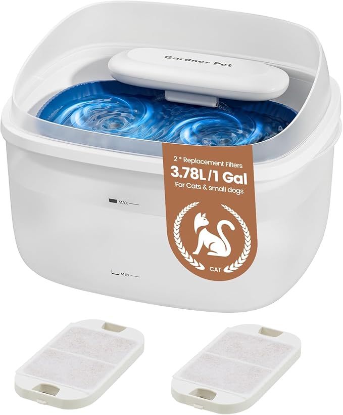 Gardner Pet 1 Gallon Pet Water Fountain, Vortex Dog Water Dispenser, Ultra Quiet Automatic Cat Fountain with Filter, Splash-Proof, Easy to Clean,Without Adapter(UV,White)