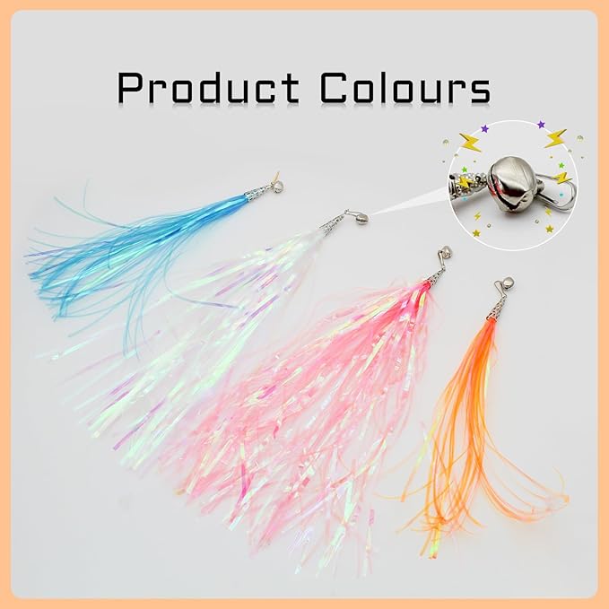 Andiker Cat Wand Toy with 2 PCS 12 Inches Replaceable Colorful Rainbow Tassels and Little Bells Funny and Interesting Cat Toys for Indoor Cats Keeping Fit (4 Tassles, Count, 5)