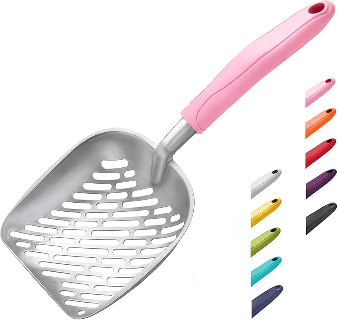 WePet Cat Litter Scoop, Aluminum Alloy Sifter, Kitty Metal Scooper, Deep Shovel with Diagonal Sifting Hole, Long Handle, Kitten Poop Lifter for Litter Box, Large Size, Pink Handle