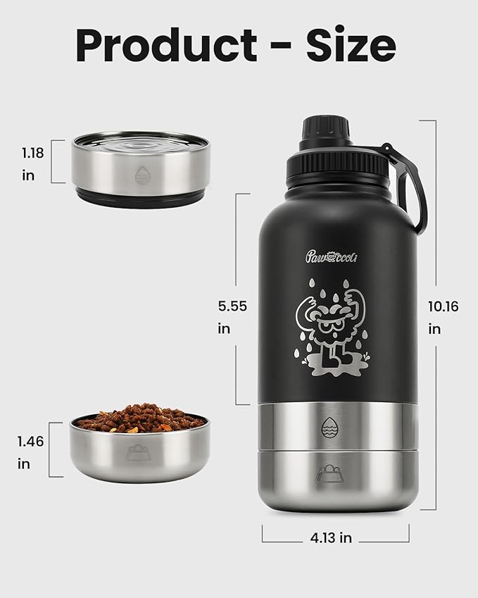 34oz Dog Water Bottle, Stainless Steel Dog Water Bottle Dispenser with Detachable Food & Water Bowls, Keeps Water Hot/Cold, for Walking, Hiking, Camping(Black)