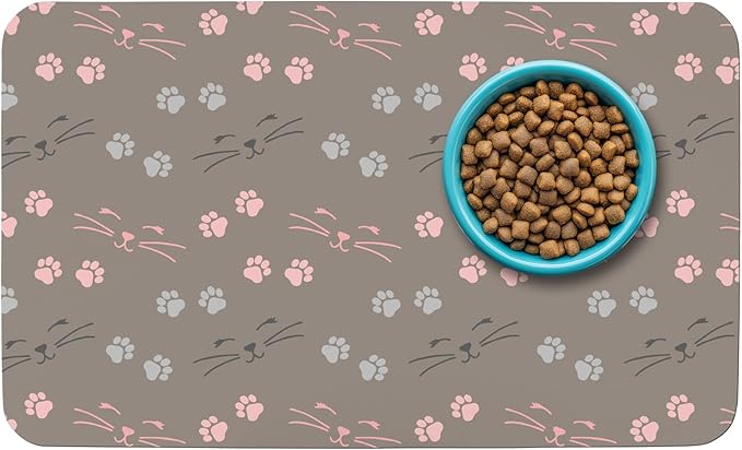 Patterned Cat & Dog Bowl Mat for Food and Water, 12"×20" Quick Dry Absorbent Pet Feeding Mat, Eco-Friendly Dog Placemat
