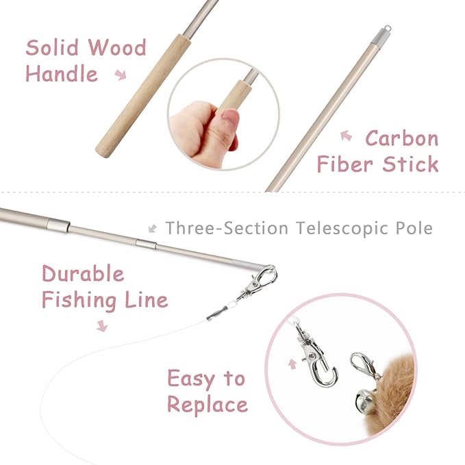 SONGWAY Interactive Cat Feather Toys - 7 PCS Cat Toys Set for Indoor Cats, Retractable Wand with Feather Tail Toy Refills, Kitten Toys Gift, Pink