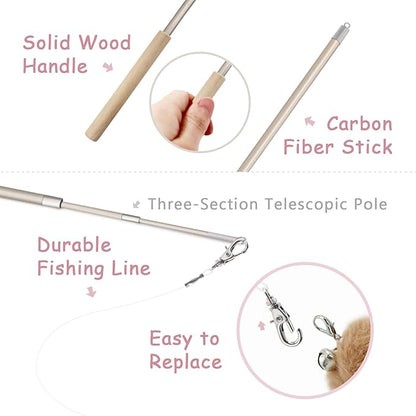 SONGWAY Interactive Cat Feather Toys - 7 PCS Cat Toys Set for Indoor Cats, Retractable Wand with Feather Tail Toy Refills, Kitten Toys Gift, Pink