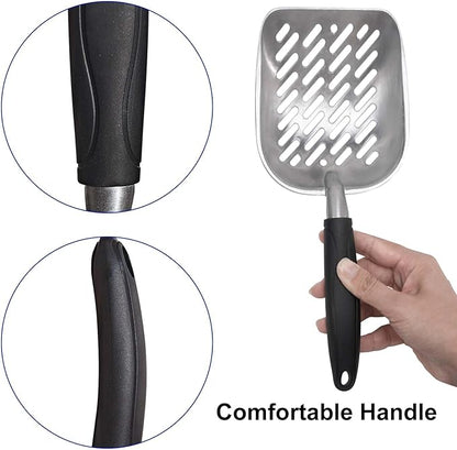 Cat Litter Scoop, Aluminum Alloy Sifter, Durable Metal Poop Scooper with Deep Shovel and Diagonal Holes, Long Ergonomic Handle, Black Handle for Easy Cleaning