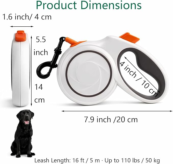 16ft Retractable Dog Leash for Large Dogs up to 110 lbs 16ft,Ideal for City Walks & Multi-Pet Homes, Suitable for Cats,Heavy-Duty Nylon Tape, 360° Tangle-Free, One-Hand Brake & Lock, White