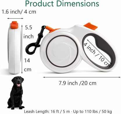 16ft Retractable Dog Leash for Large Dogs up to 110 lbs 16ft,Ideal for City Walks & Multi-Pet Homes, Suitable for Cats,Heavy-Duty Nylon Tape, 360° Tangle-Free, One-Hand Brake & Lock, White