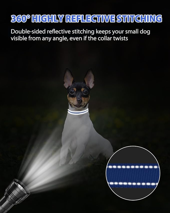 Joytale Puppy Collar, Feather-Light Double-Sided Reflective Nylon Collar for Night Safety, Adjustable Quick-Release for Extra Small Dogs, Navy Blue, XS (3/8" Width)