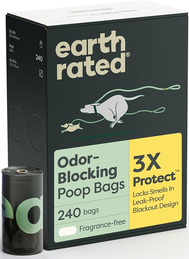 Earth Rated 3X Protect Dog Poop Bag Rolls, Odor Blocking Leak Proof Extra Thick, Unscented, 240 Count