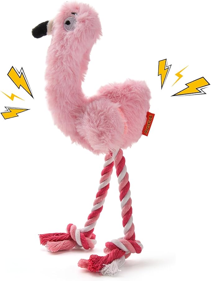 AUSCAT Plush Dog Rope Toy, Durable Squeaky Dog Toys for Puppy Small Medium Dogs, Not for Aggressive Chewers, Flamingo