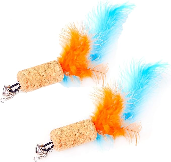 Cat Feather Toys Set, Cat Retractable Teaser Wand Toy, Interactive Cat Chaser Toy for Exercising Kitten or Cat, Included 2 Refills Feathers CT15-8 Cork Colorful Feather
