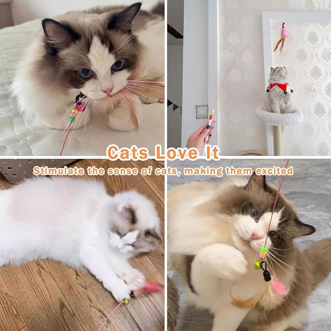 40 Pack Cat Feather Toy Wand, Interactive Pet Kitten Chaser Teaser Wire Wand with Bell Beads for Cat Exercise Play Fun Gifts - Wholesale
