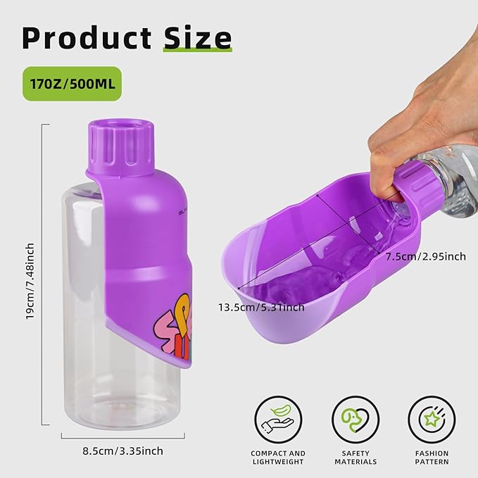 Dog Water Bottle, Leakproof Portable Water Bottle for Dogs, Dog Travel Water Bottles with Convenient Bottles Strap, Dog Travel Accessories for Walking, Hiking, Outdoor, Camping (17oz Purple