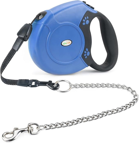 Idepet Heavy Duty Retractable Dog Leash for Small and Medium Dogs, Anti-Chewing Steel Chain Design,360 DegreeTangle-Free,Break and Lock System,26ft Leash Dog Walking (Blue, Round Rope)