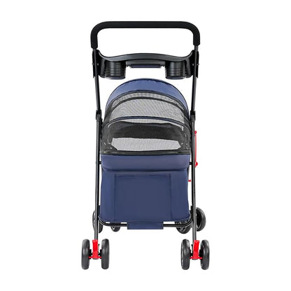 Foldable Pet Stroller w/Lockable Brakes,40lbs Capacity Ventilated Mesh Carrier Cart for Small Medium Dogs & Cats,Dog Stroller (Navy Blue)