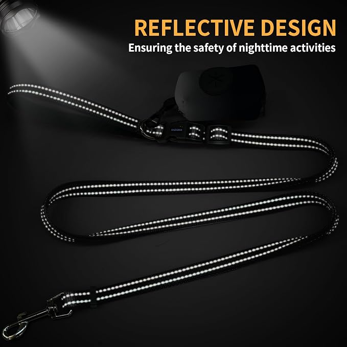 Kazazoo Hands-Free Dog Leash with Poop Bag Holder, Adjustable 4-7 Ft Waist for Dog Walking, Running for Small & Medium Dogs with Reflective Strips, Nylon Waist Belt, Black