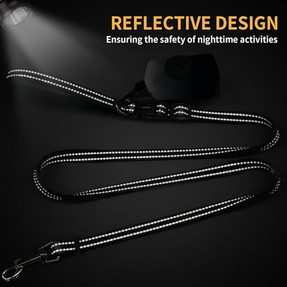 Kazazoo Hands-Free Dog Leash with Poop Bag Holder, Adjustable 4-7 Ft Waist for Dog Walking, Running for Small & Medium Dogs with Reflective Strips, Nylon Waist Belt, Black