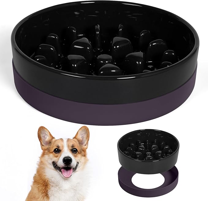 Sted Ceramic Slow Feeder Dog Bowls with Silicone Base, Slow Feeding Dog Bowl Small Medium Breed, Dogs Foods Bowls for Fast Eaters, Puzzle Dogs Food Bowl, Maze Black
