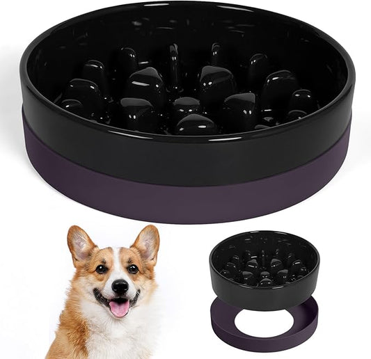 Sted Ceramic Slow Feeder Dog Bowls with Silicone Base, Slow Feeding Dog Bowl Small Medium Breed, Dogs Foods Bowls for Fast Eaters, Puzzle Dogs Food Bowl, Maze Black