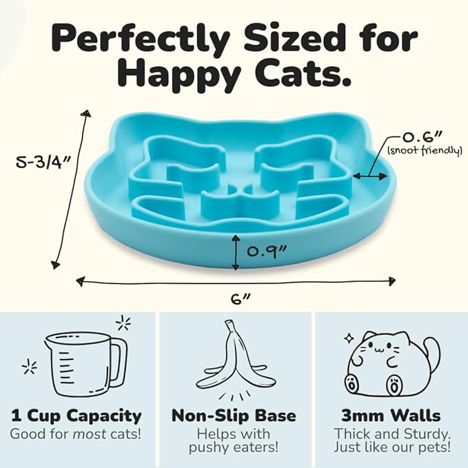 Snuggli Slow Feeder Cat Bowl | Cat Puzzle Feeder for Slow Eating, Mental Enrichment, Digestion, & Bloat Relief | Non-Slip Silicone, Dishwasher Safe, 1 Cup (Lagoon)
