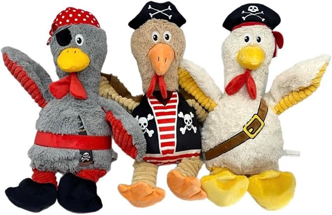 Pirate Chicken Dog Toy – 18 Inch Plush Squeaky Dog Toy with Internal Rope, Durable Crinkle Wings, Soft Stuffed Interactive Toy for Medium & Large Dogs – Funny Durable Pet Toy (Gray)