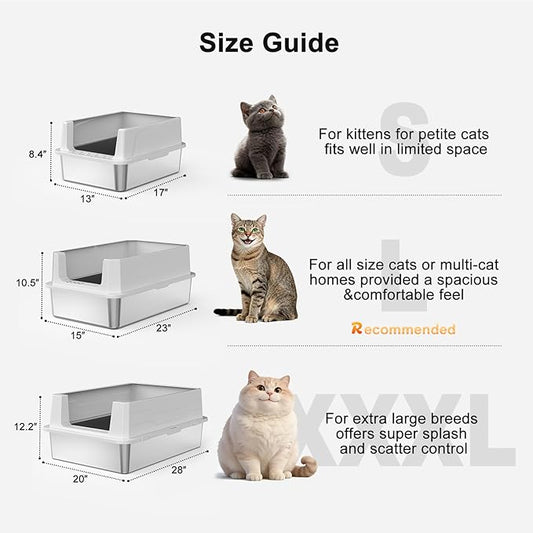 FURTIME Stainless Steel Cat Litter Box with Lid, Metal Kitty Litter Box for Small Cats, Kitten Litter Boxs with Scoop and Mat, Non-Sticky, Anti-Leakage, Easy to Clean, 17"x13"x8.4" (Small)