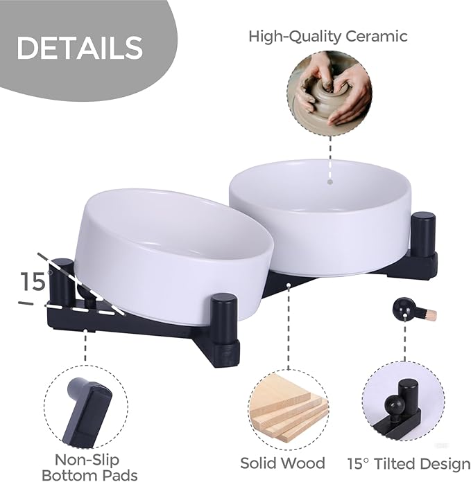 Ceramic Dog Bowl and Cat Bowls Set with 15° Adjustable Wood Stand, Non-Slip Weighted Pet Food and Water Bowls, Dual Raised Feeder for Small Dogs, Matte Glaze Pet Dish 13.5oz Set of 2 (Ceramic White)