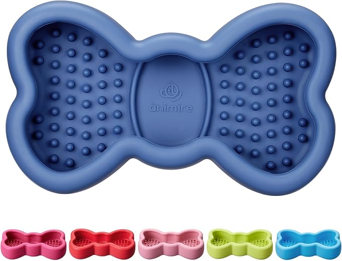 Lick Mat for Dogs, Animire Anti-Spilled Bow Tie Lick Bowls for Anxiety Relief, Silicone Slow Feeder Licking Pad with Suction Cups, Freezeable Dog Enrichment Toy for Boredom(Dark Blue,S)