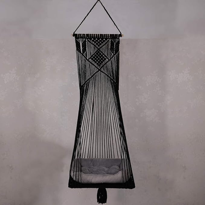 Macrame Hanging Cat Hammock Bed Cat Swing House Space Saving Window Perch with Washed Cotton Cats Toy Tassel Basket Tapestry (Black, Swing Bed+Cushion, XL)