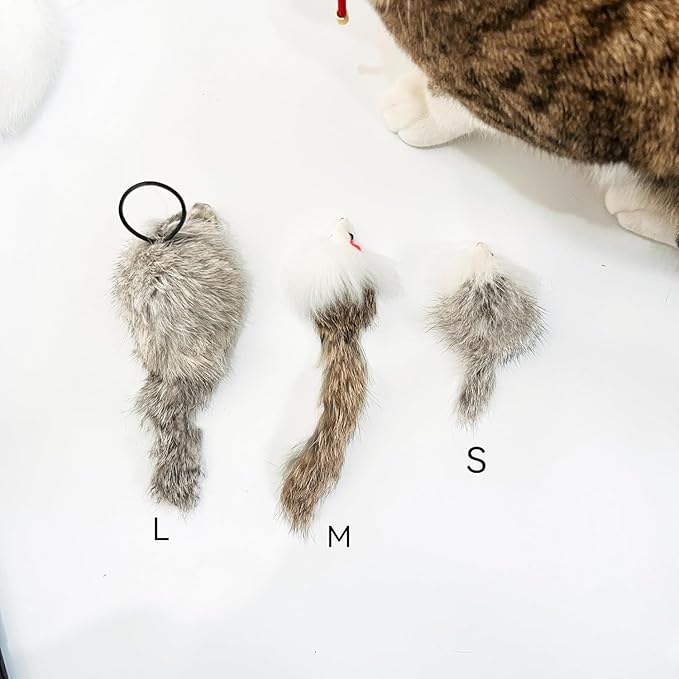 Real Rabbit Fur Interactive Cat Toy Mouse, 5.5" Extra Large Durable Squeaky Toys with Long Tail, Crinkle Sound & Hanging Rope, Self-Play Toys for Indoor Cats (5 Pack Grey/White Color)