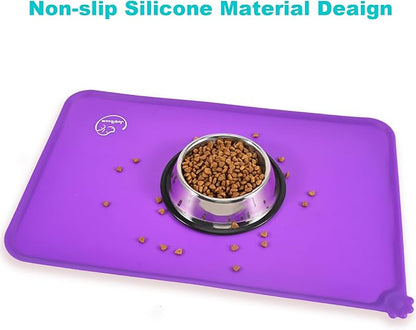 Silicone Waterproof Dog Cat Pet Feeding Mats, Non Slip, Easy Clean Pet Dog Cat Bowl Mats Placemat (18.5" x 11.5") Purple