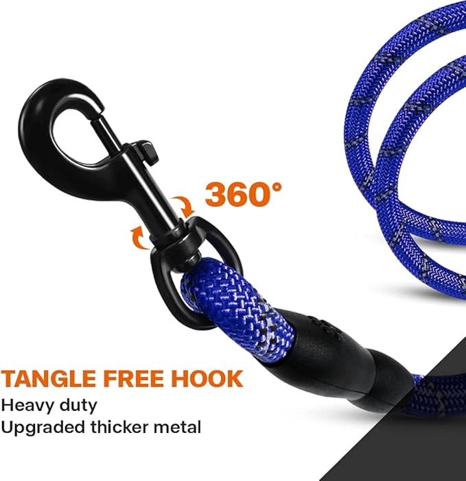 Taglory Rope Dog Leash 6 FT with Comfortable Padded Handle, Highly Reflective Threads Leash and Anti-Tangle Clip for Walking Small Dogs, 3/8 inch, Navyblue