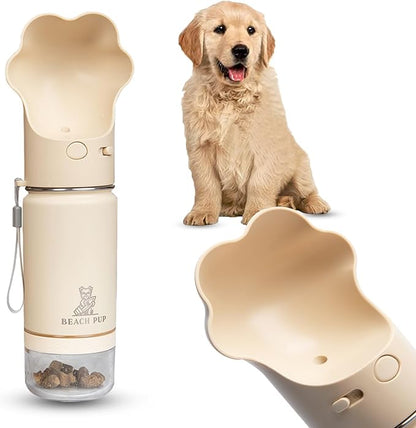 Dog Portable Water Bottle Stainless Steel 10 oz with Food Container - Pet Water Bottle - Cream Portable Dog Water Dispenser with Bowl and Container