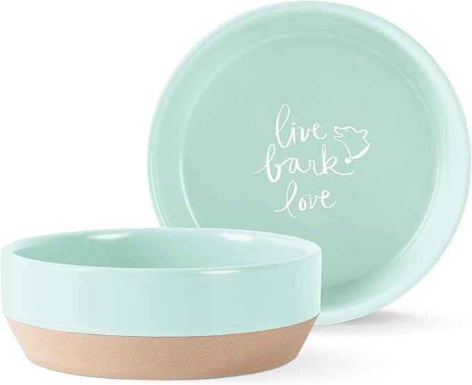 Fringe Studio Stoneware Pet Bowl, Medium, "Live Bark Love" (479005) Light Blue