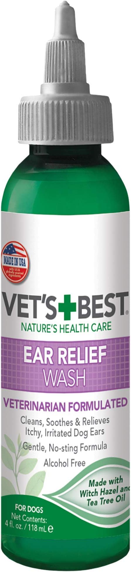 Vet's Best Dog Ear Relief Wash, Natural Ear Cleaner for Dogs with Aloe, Chamomile & Tea Tree Oil, Itch, Odor & Irritation Relief, Gentle Cleaning Solution, Vet Formulated, Made in USA, 4 fl oz
