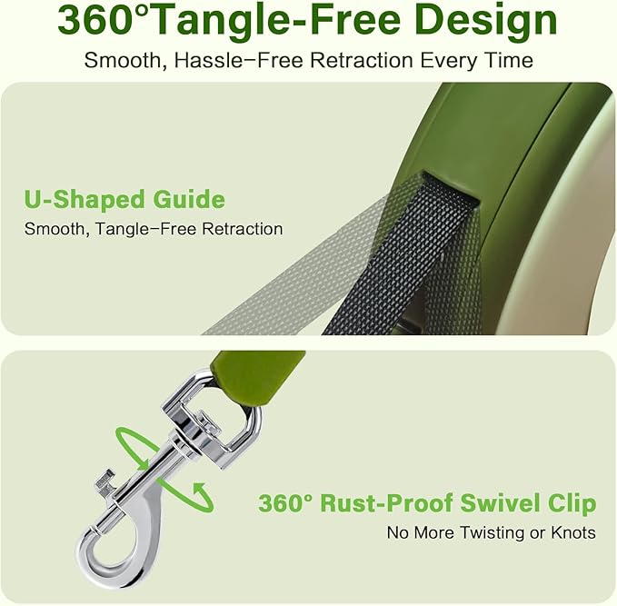 Retractable Dog Leash, 11.5 FT Retractable Leash for Dogs 0-55 lbs, One-Handed Lock, 360°Tangle-Free Strong Reflective Nylon Tape, Perfect for Medium Large Dogs, Green