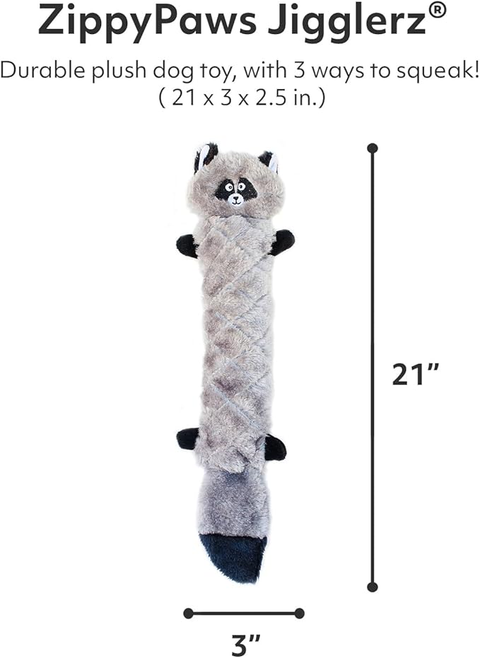 ZippyPaws Jigglerz - Dog Squeaky Toys to Keep Them Busy, Funny Animal Plush for Small, Medium, & Large Dogs, Cute Stuffed Puppy Toy, Pet Products, Gift for All Breeds, Interactive Squeaker - Raccoon