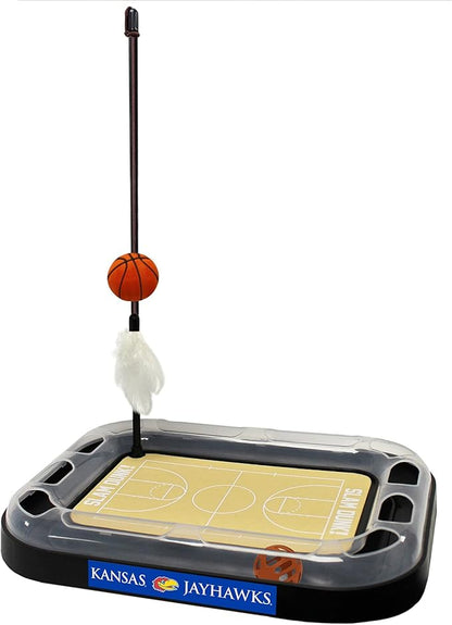 NCAA KANSAS Jayhawks REVERSIBLE Basketball Court Felt Cat Scratcher & 6-in-1 Interactive Cat Wand Poll Toy - Catnip-Filled Plush Basketball & Feathers