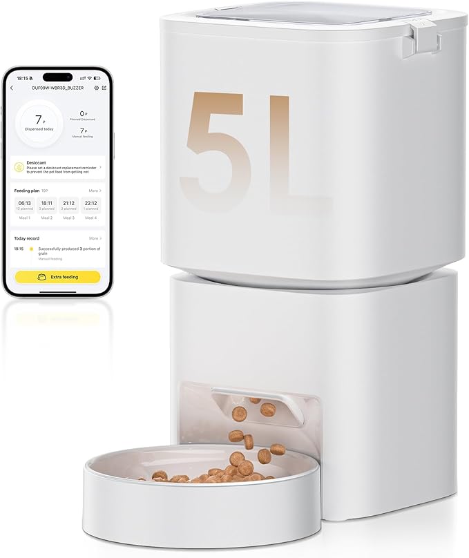 Automatic Cat Feeder with WiFi-5Ghz, APP Control Timed Cat Dry Food Dispenser with Remote Feeding, 5L Auto Pet Feeder up to 10 Meals 1-15 Portion Control Per Day, Auto Dog Feeders for Cats Dog
